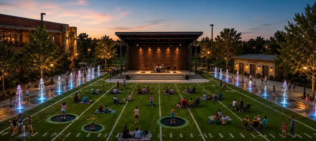 Concept rendering of an outdoor amphitheater with splash pad and stage, families gathered at dusk