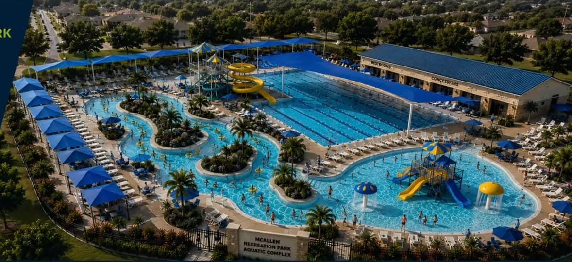 Aerial view of the existing McAllen Recreation Park Aquatic Complex with lazy river, water slides, and lap pool