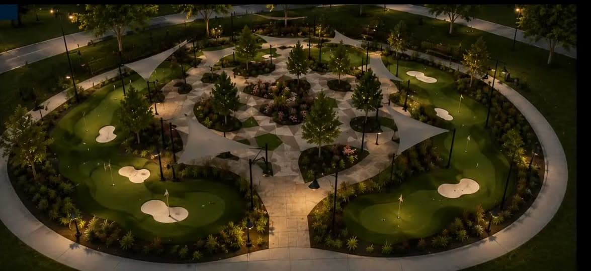 Concept rendering of a putting-green style park amenity with lighted pathways